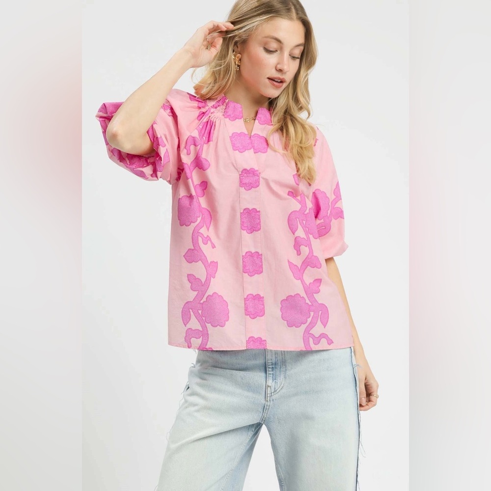 Umgee Floral Smocked Notched Puff Sleeve Blouse